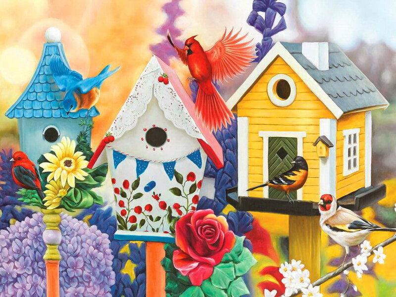Colorful Birdhouses and Birds