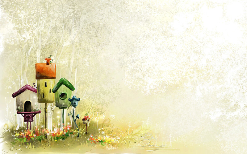 Colorful birdhouses in a dreamy garden