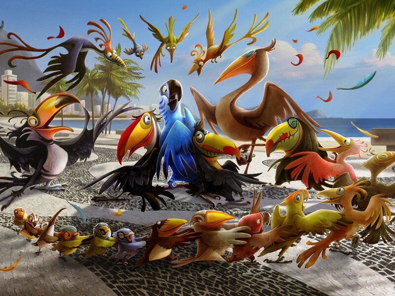 Colorful birds in a tropical scene