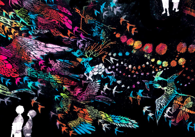 colorful birds in dark sky