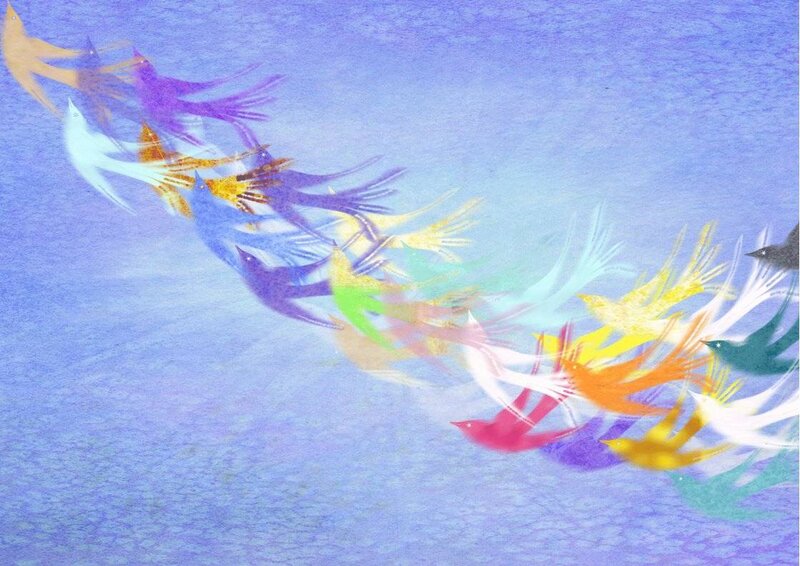 Colorful Birds in Flight — Blue, Serene