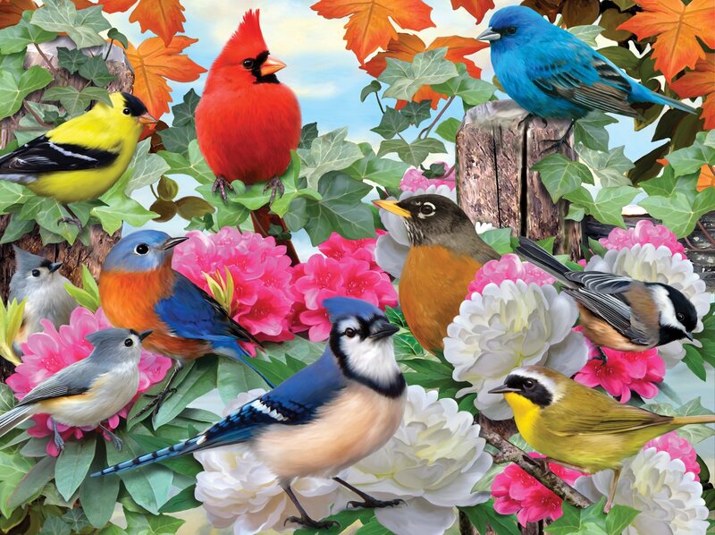Colorful Birds in Flowers — Blue, Vibrant, Autumn