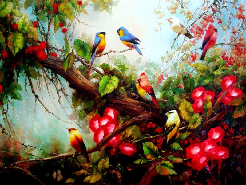Colorful Birds in Tree