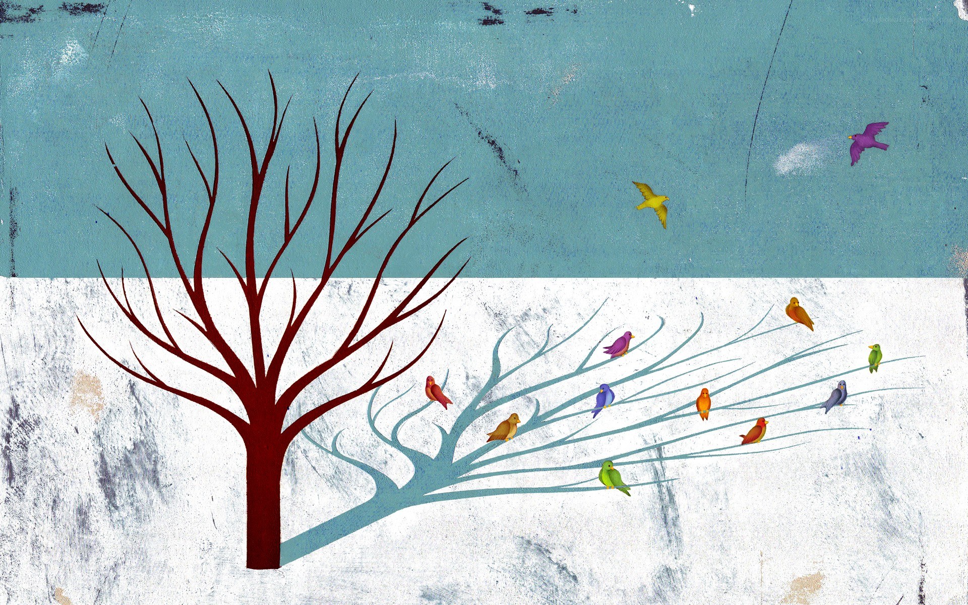 Colorful birds on a bare tree