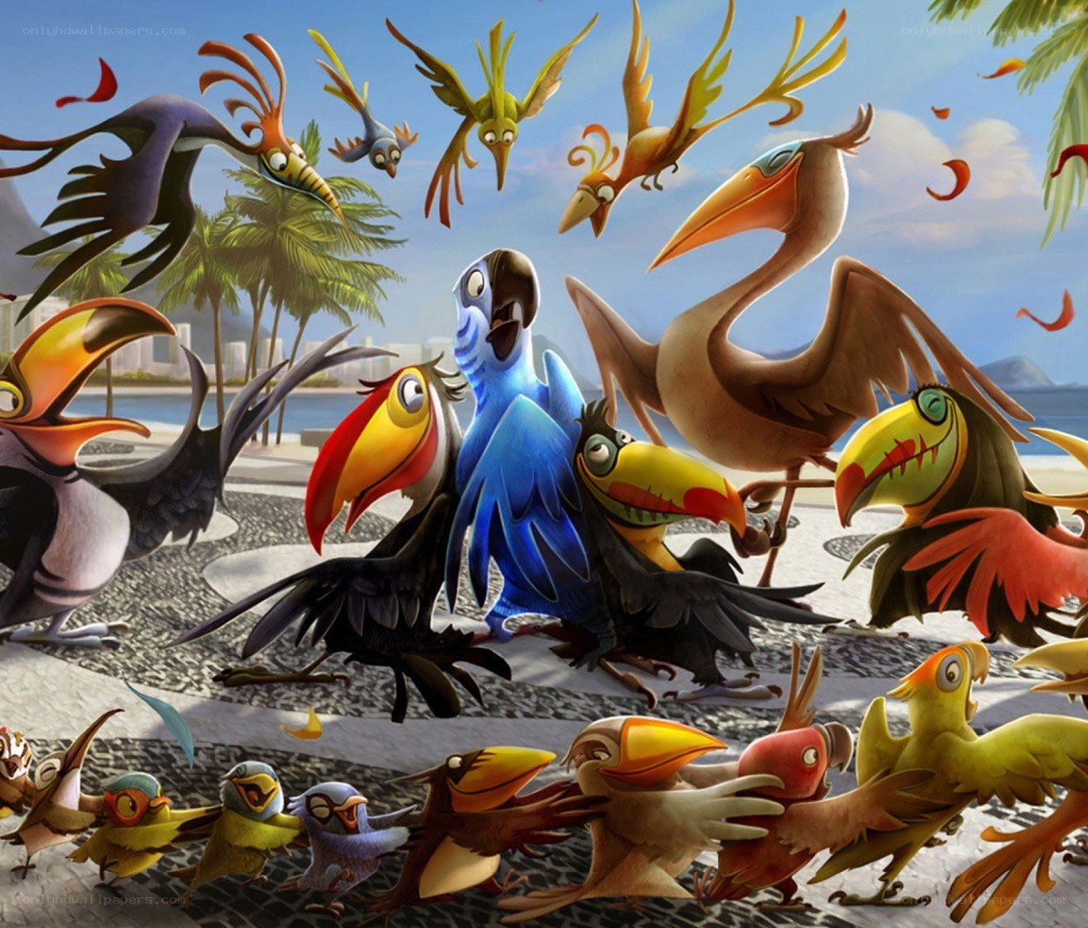 Colorful birds on a beach