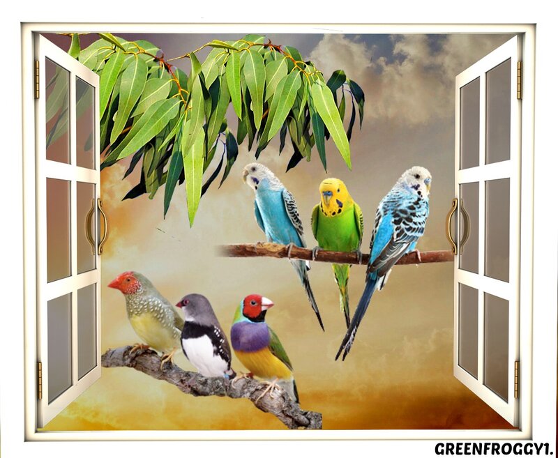 Colorful Birds on Branches — Green, Serene