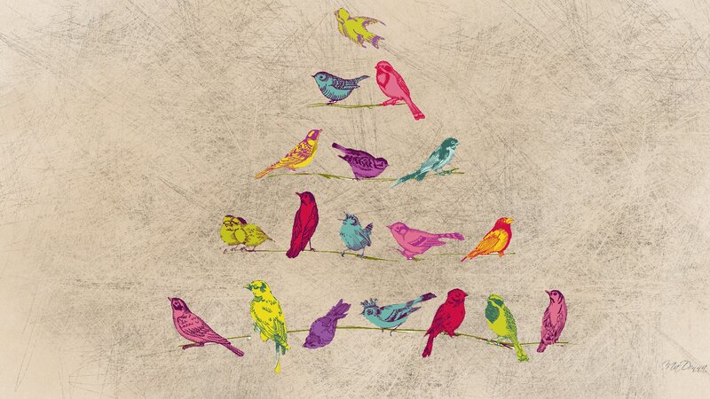 Colorful Birds on Branches — Yellow, Playful