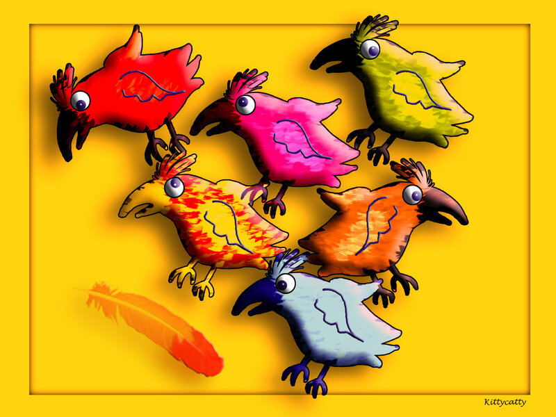 Colorful Birds on Yellow