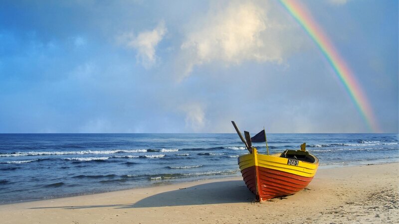 Colorful Boat on Beach — Blue, Serene, Afternoon, Photograph, Rainbow