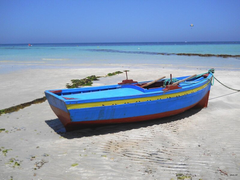 Colorful Boat on Beach — Blue