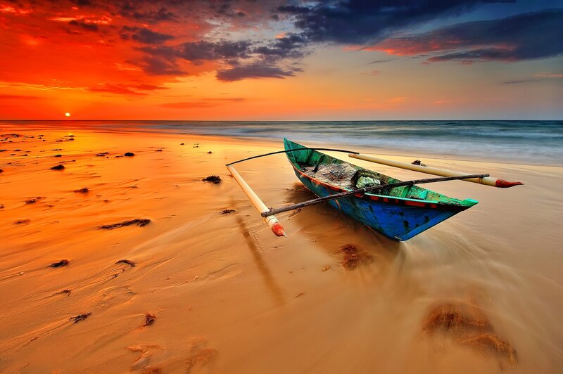 Colorful Boat on Beach — Orange, Dramatic