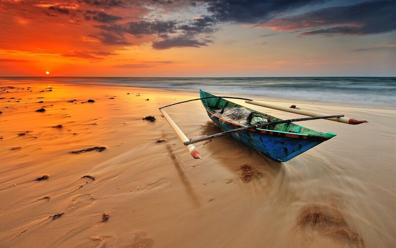 Colorful Boat on Beach — Orange, Serene