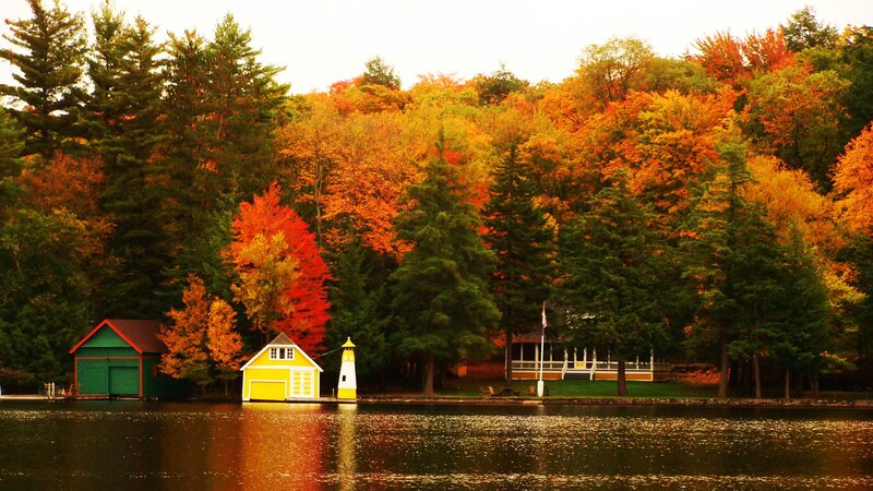 Colorful Boathouses on Lake