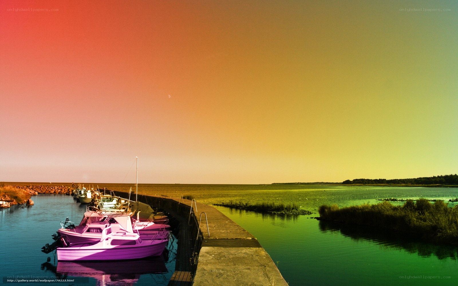 Colorful boats at sunset