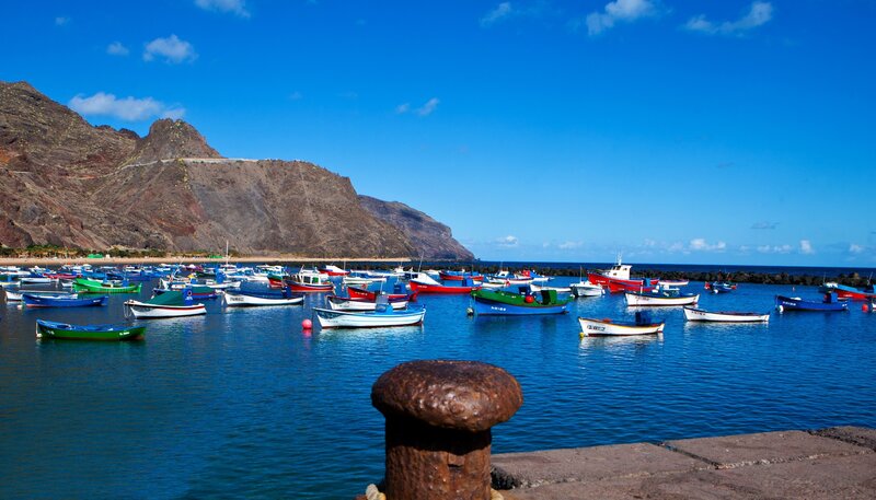 Colorful boats in a coastal harbor