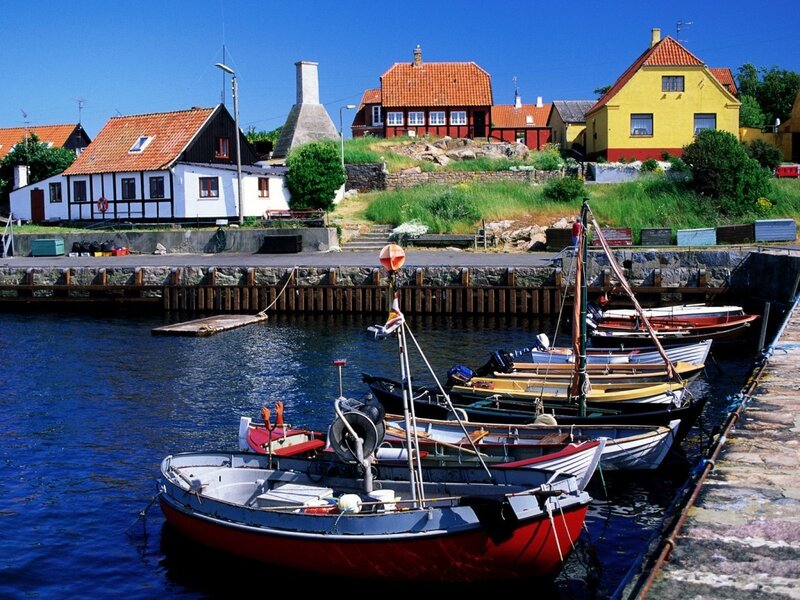 Colorful boats in a Danish harbor