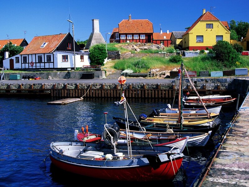 Colorful boats in a Danish harbor