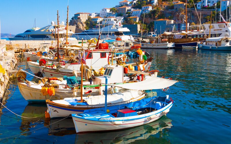 Colorful boats in a Greek harbor