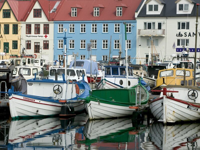 Colorful Boats in Harbor — Blue, Calm