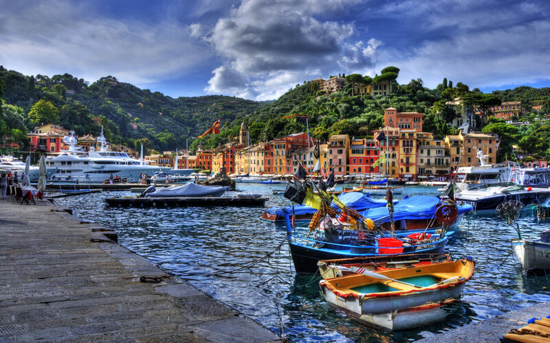 Colorful Boats in Harbor — Blue, Dramatic, Afternoon
