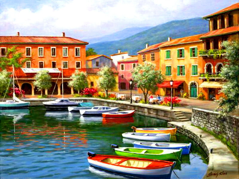 Colorful Boats in Harbor — Blue, Serene, Afternoon, Painting, Buildings, Trees
