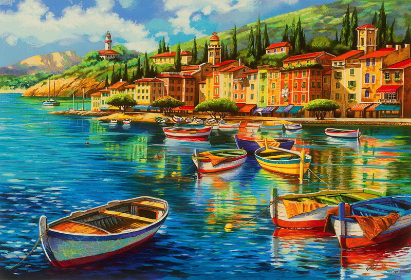 Colorful Boats in Harbor — Blue, Serene, Afternoon, Painting
