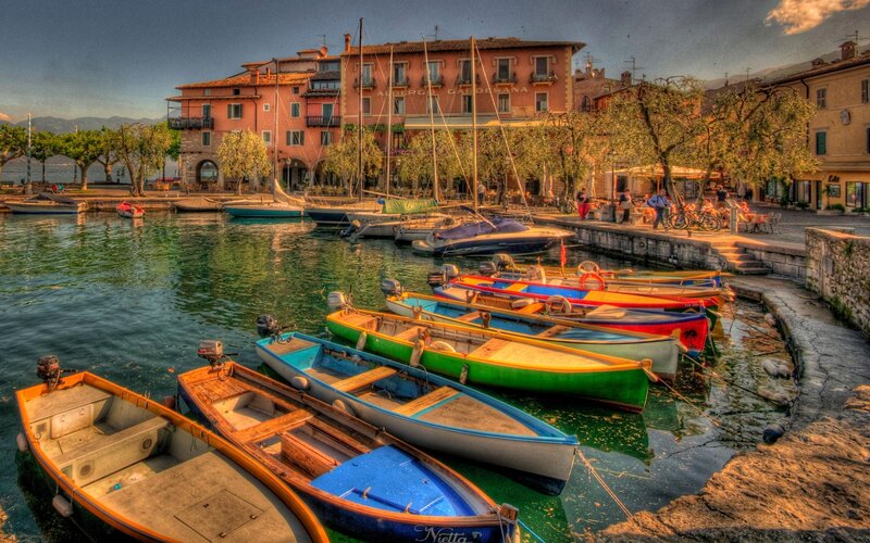Colorful Boats in Harbor — Blue, Serene, Sunset