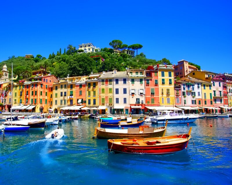 Colorful Boats in Harbor — Blue, Vibrant, Afternoon, Photograph, Buildings, Hills, Sea
