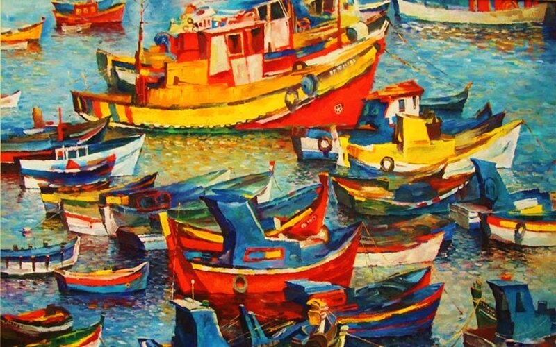 Colorful Boats in Harbor — Blue, Vibrant, Painting