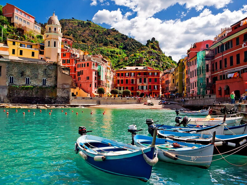 Colorful Boats in Harbor — Blue, Vibrant