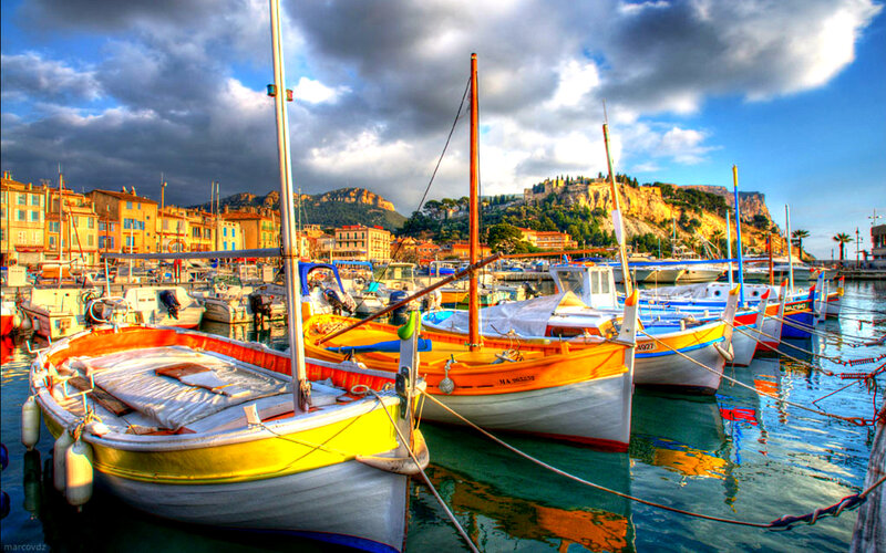 Colorful Boats in Harbor — Yellow, Dramatic