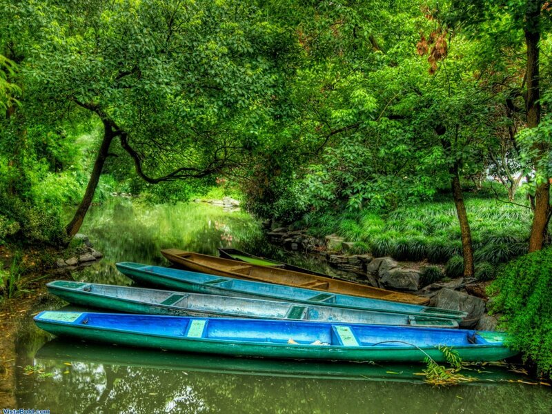 Colorful boats on a serene river