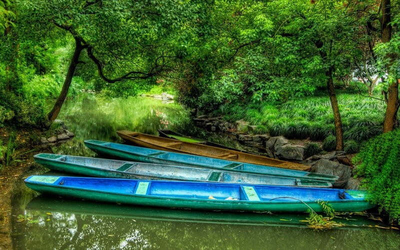 Colorful boats on a serene river
