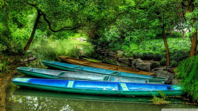 Colorful boats on a serene river