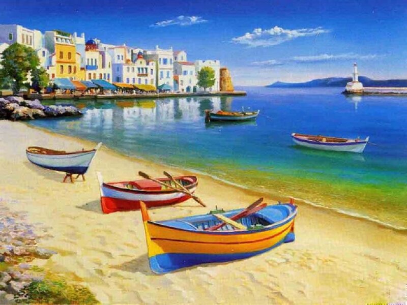 Colorful Boats on Beach — Blue, Serene, Afternoon, Painting