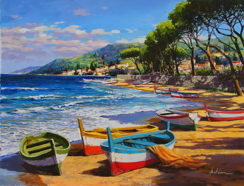 Colorful Boats on Beach — Blue, Serene