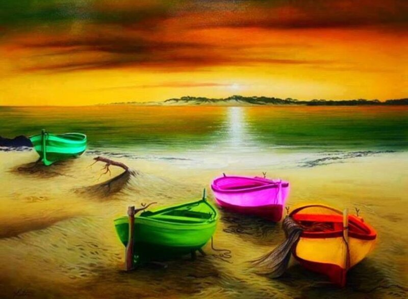Colorful Boats on Beach — Green