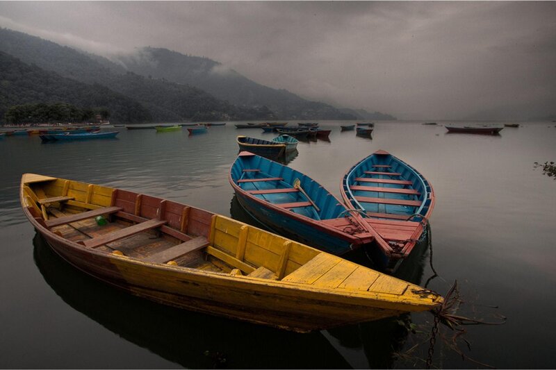 Colorful Boats on Lake — Blue, Serene, Morning