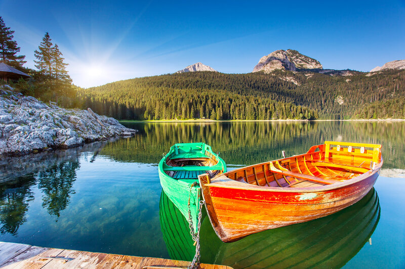 Colorful Boats on Lake — Blue, Serene