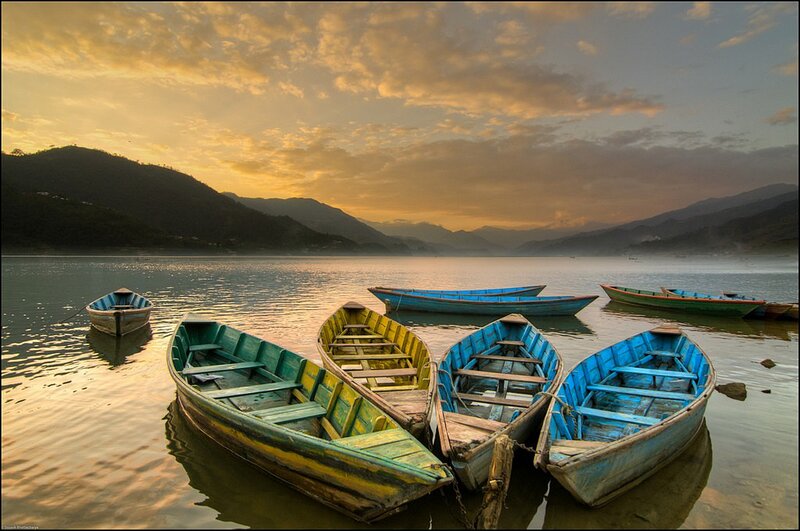 Colorful Boats on Lake — Blue