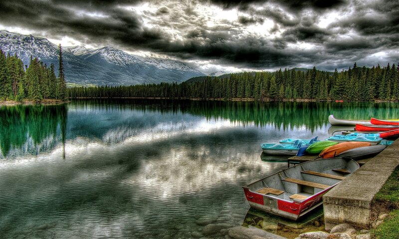 Colorful Boats on Lake — Green, Dramatic, Photograph, Mountains