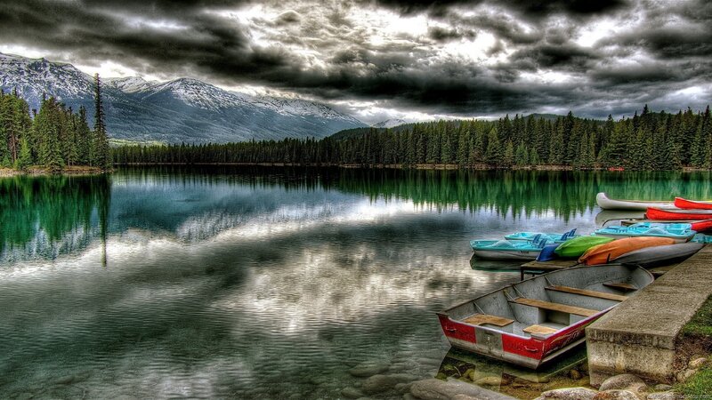 Colorful Boats on Lake — Green, Dramatic, Photograph