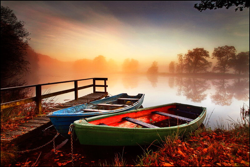 Colorful Boats on Lake — Green, Serene, Morning