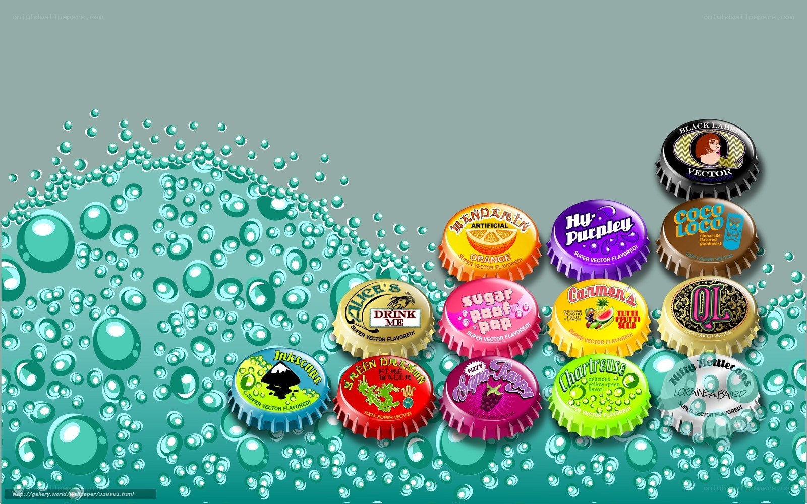 Colorful bottle caps with bubbles