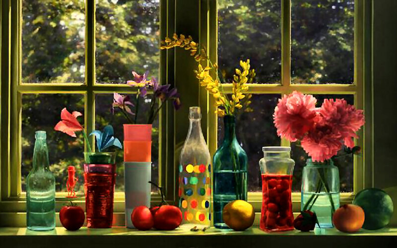 Colorful Bottles and Fruit