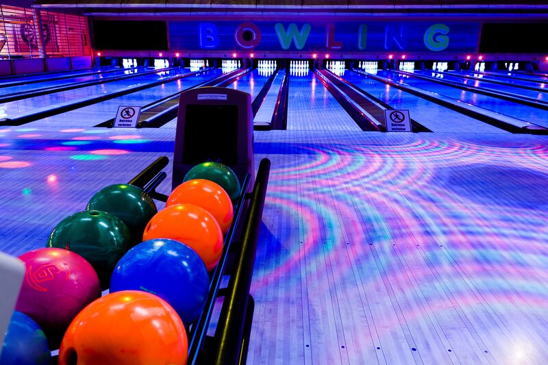 Colorful bowling alley at night