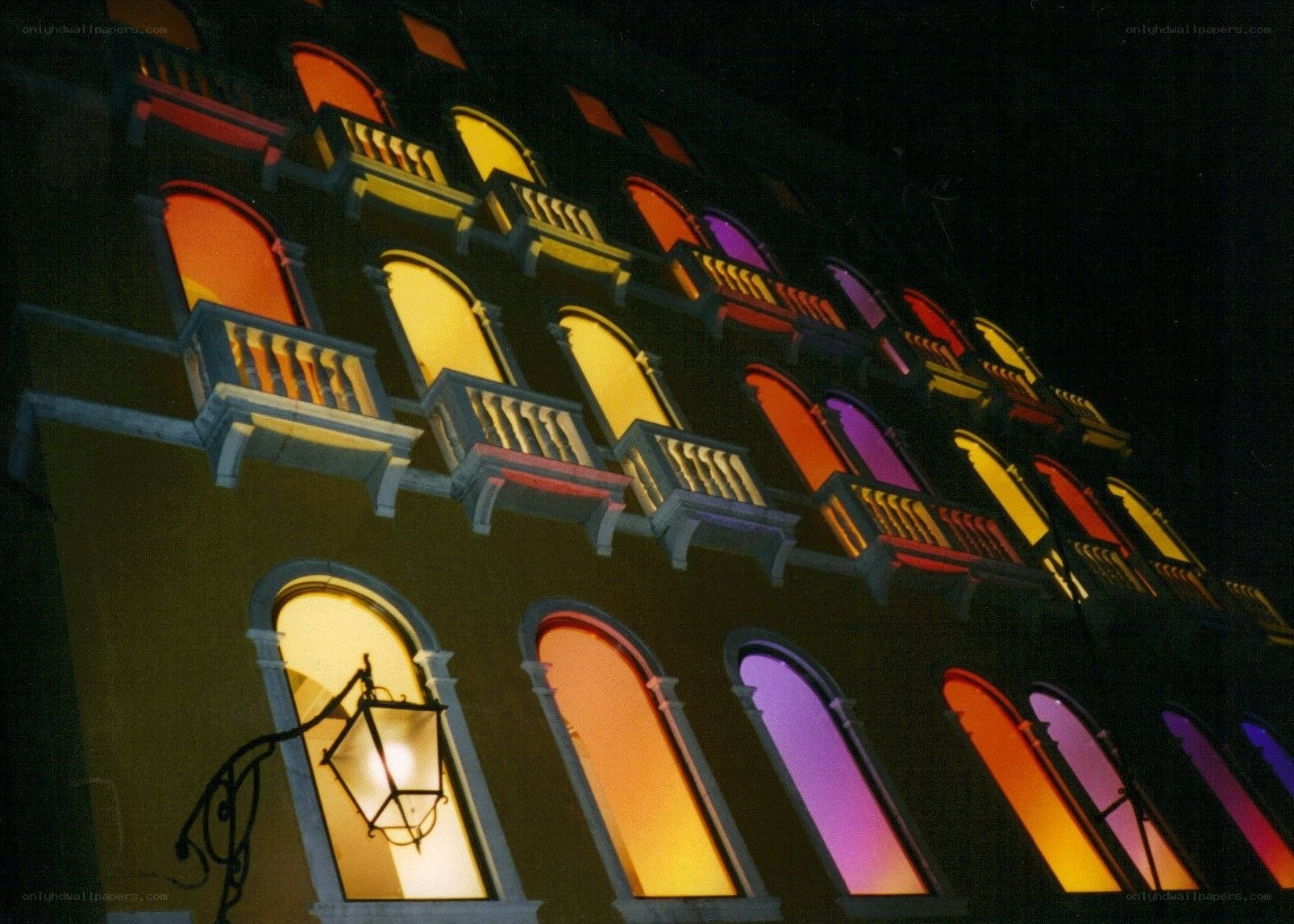 colorful building windows at night