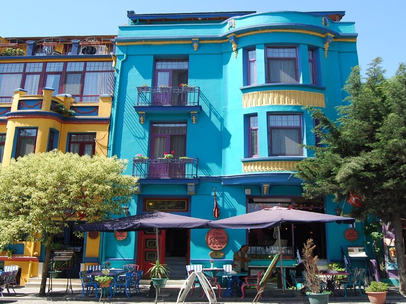 Colorful building with outdoor seating