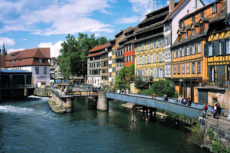 Colorful buildings along a river
