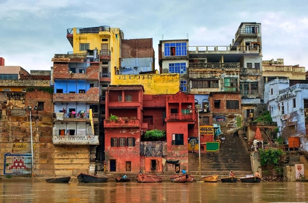 Colorful buildings along a river